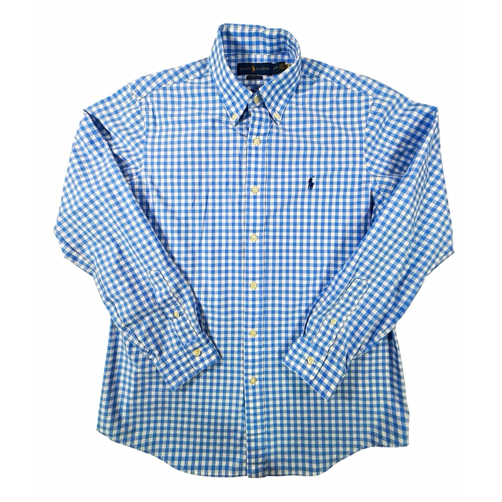 Ralph Lauren Shirt Mens M 15 32/33 Classic Fit Blue White Gingham Stretch